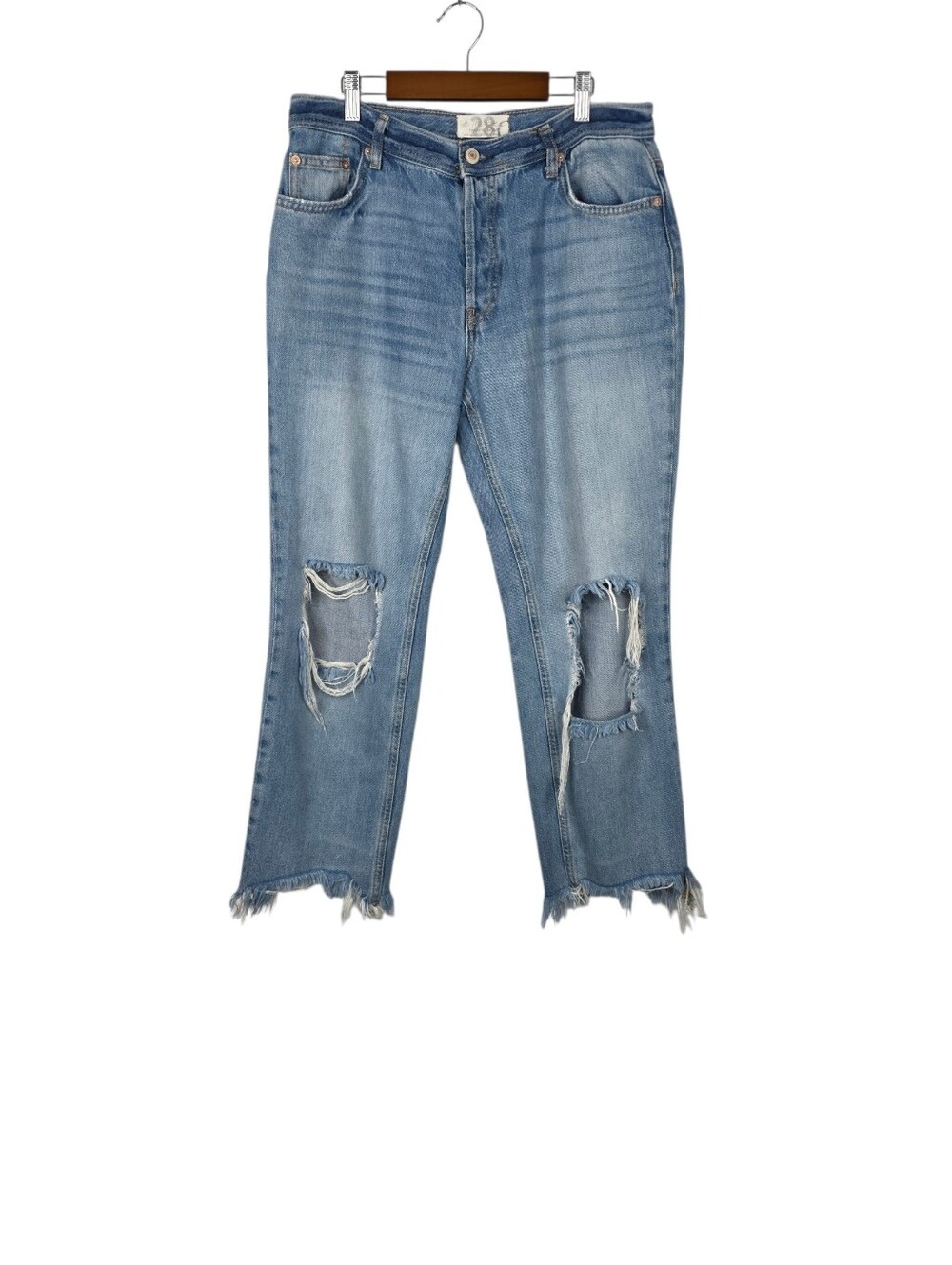 We The Free Maggie Straight Leg Button Fly Raw Hem Distressed Jeans Size 28â